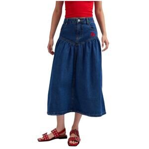 Urban Outfitters Clara Drop Waist Denim Midi Skirt Women's XS Modest Heart NEW